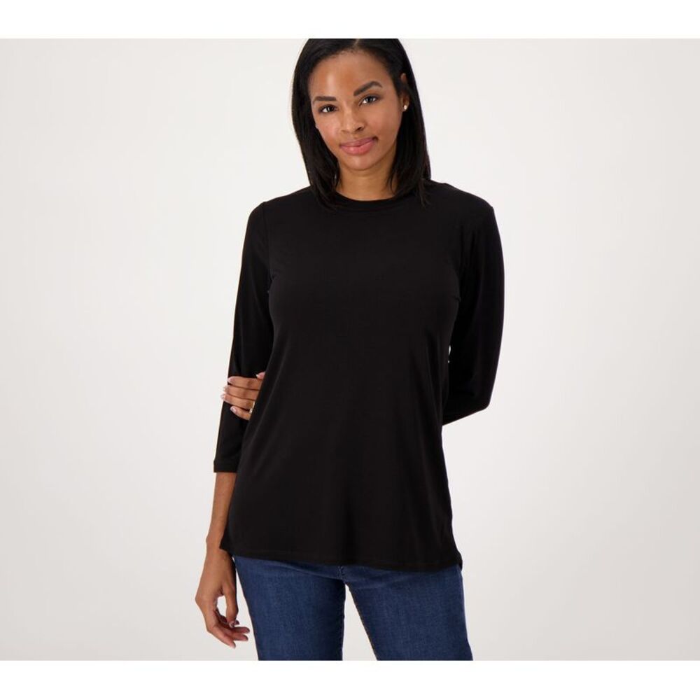Susan Graver Women's Top Petite PXL Essentials Pet Liquid Knit Crew Black